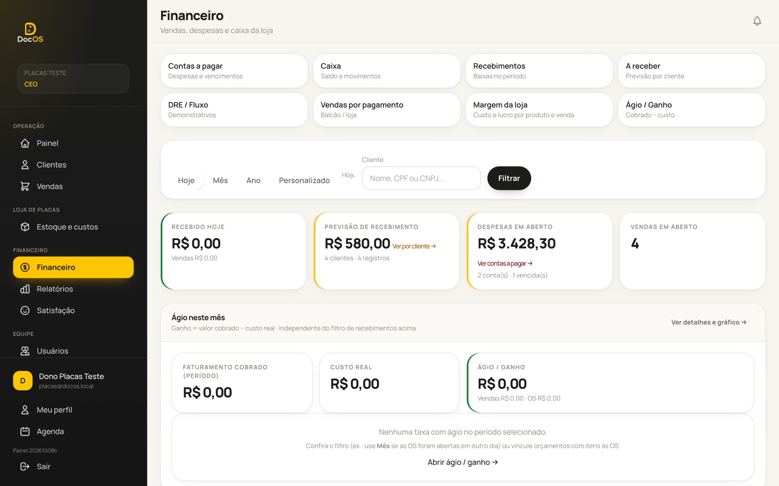 Tela real do DocOS: Financeiro